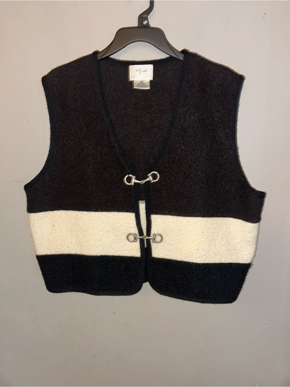 Vintage Wool Vest - black/cream color block with metal closures